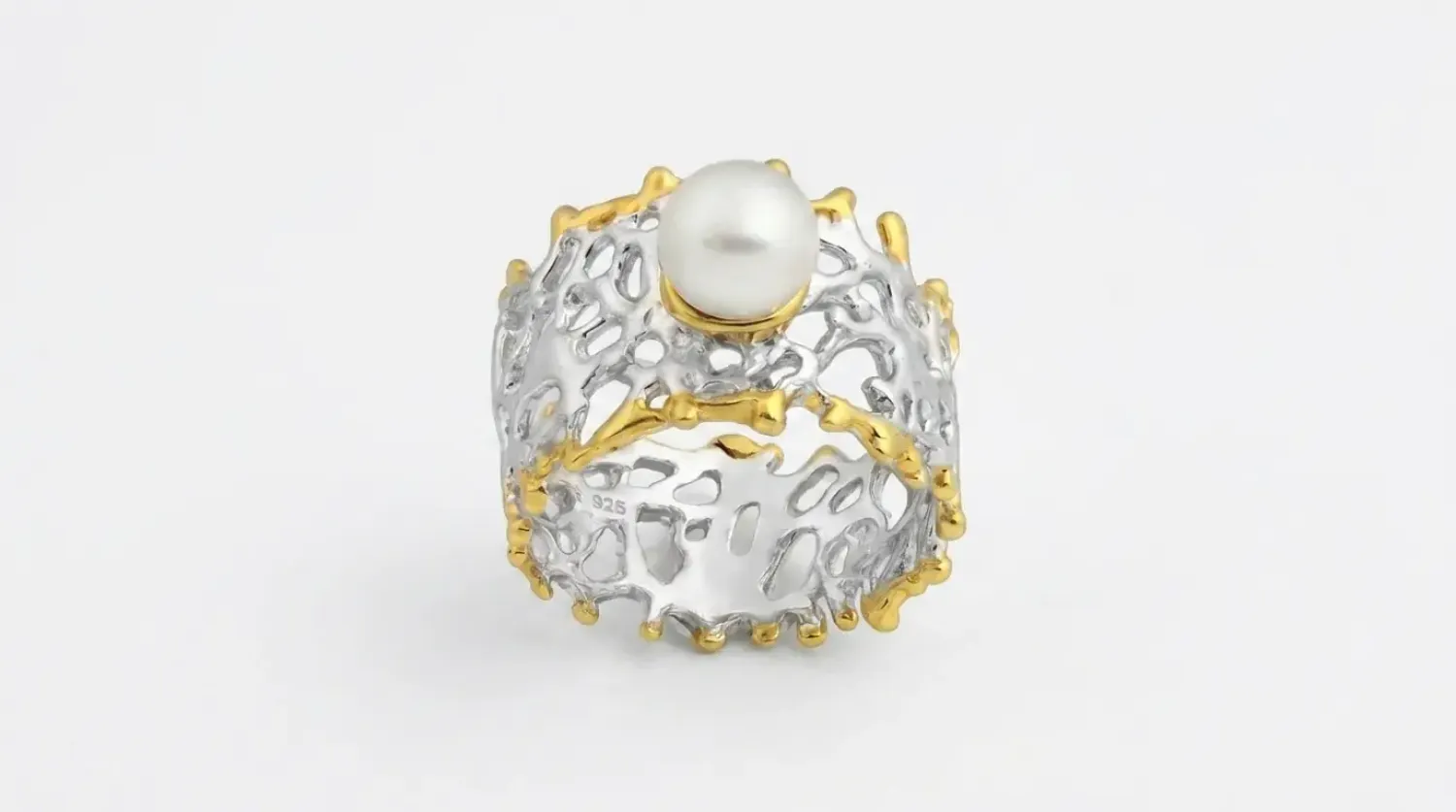 Preview: Perlen Ring 925 Silber vergoldet – Statement Schmuck mit Süßwasserperle